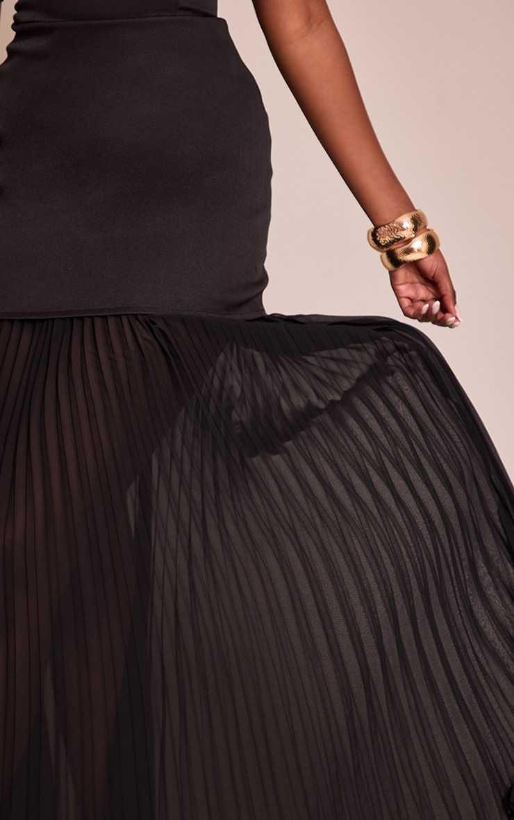 Black Satin Back Tie Pleated Hem Maxi Dress image 4
