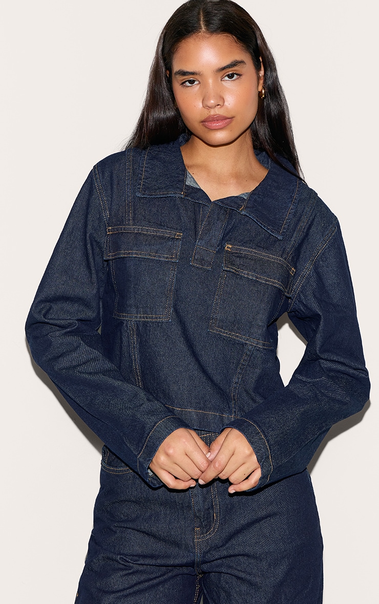 Tall Chemise style rugby en jean indigo foncé à manches longues image 1