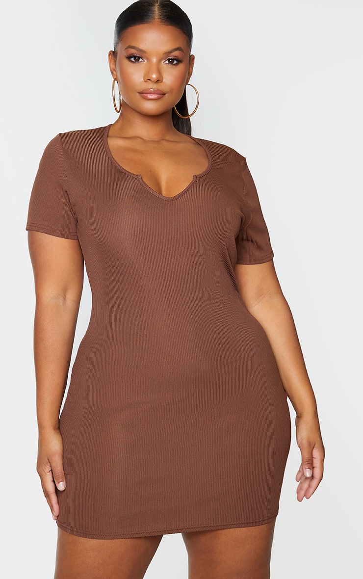 RECYCLED Plus Chocolate Rib Short Sleeve Split Neck Bodycon Dress
