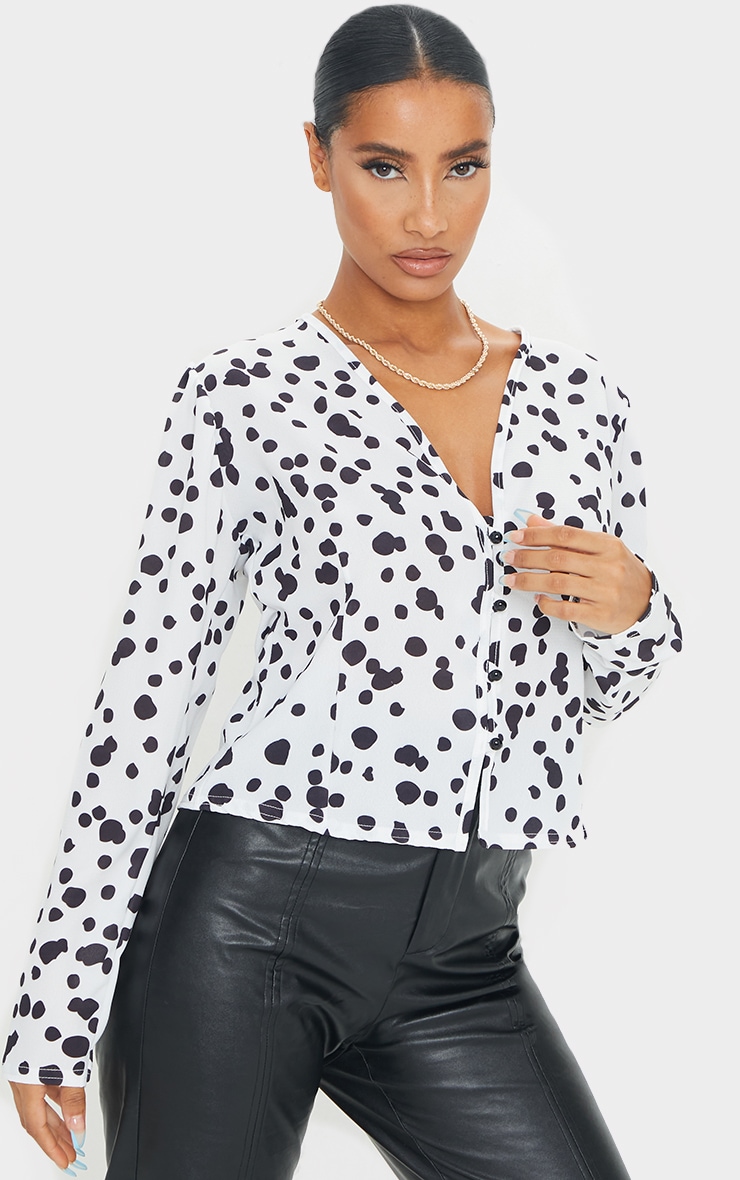 Black Woven Splodge Print Button Up Blouse