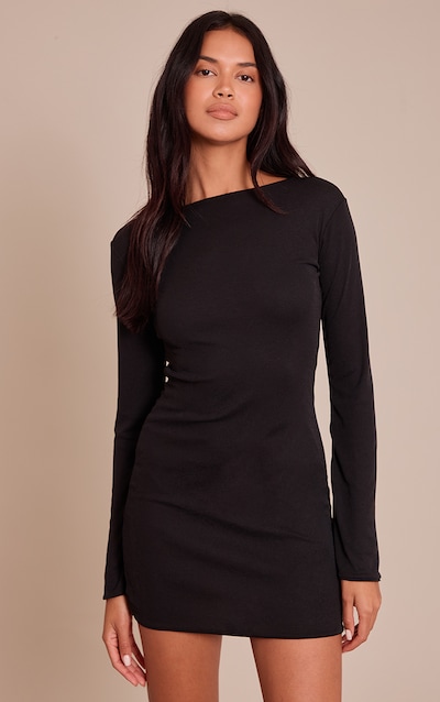 Black Onion Skin Boat Neck Flute Sleeve Mini Bodycon Dress
