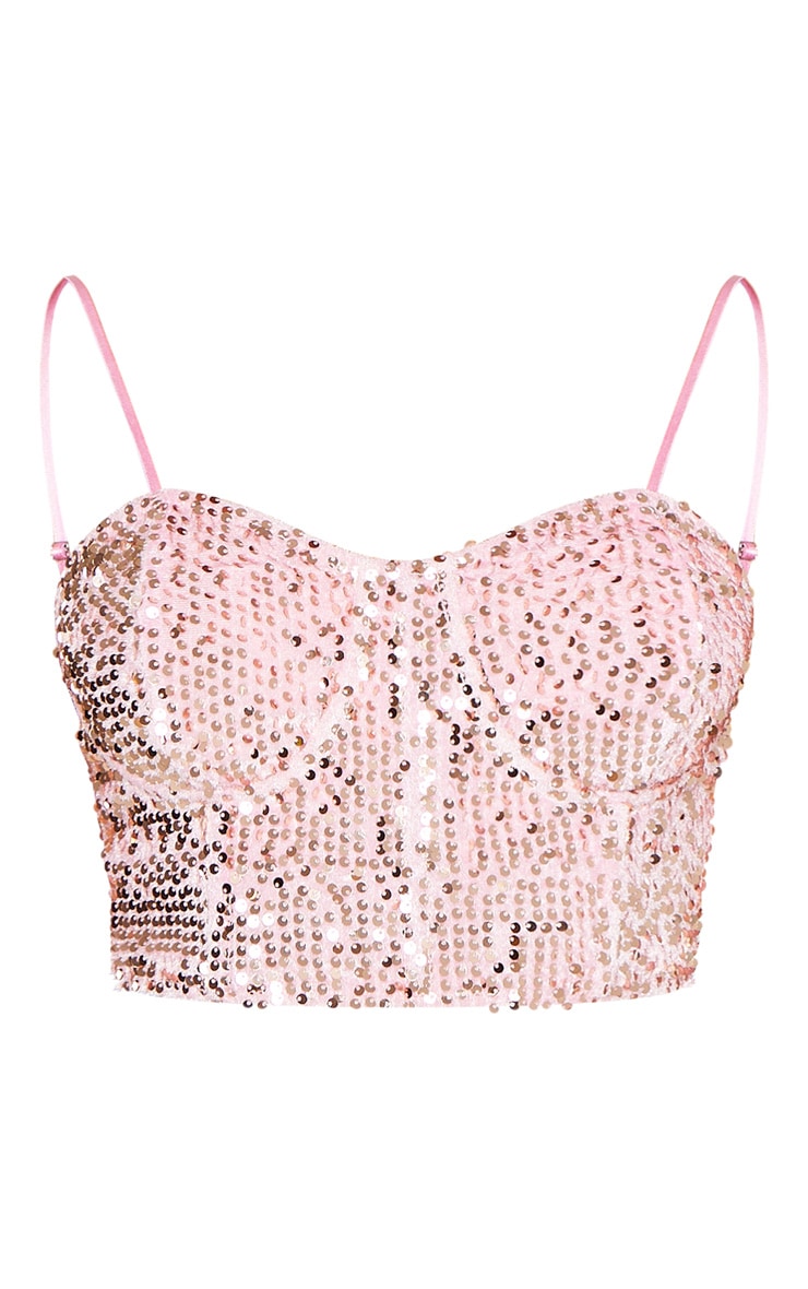 Light Pink Velvet Sequin Crop Top Tops PrettyLittleThing