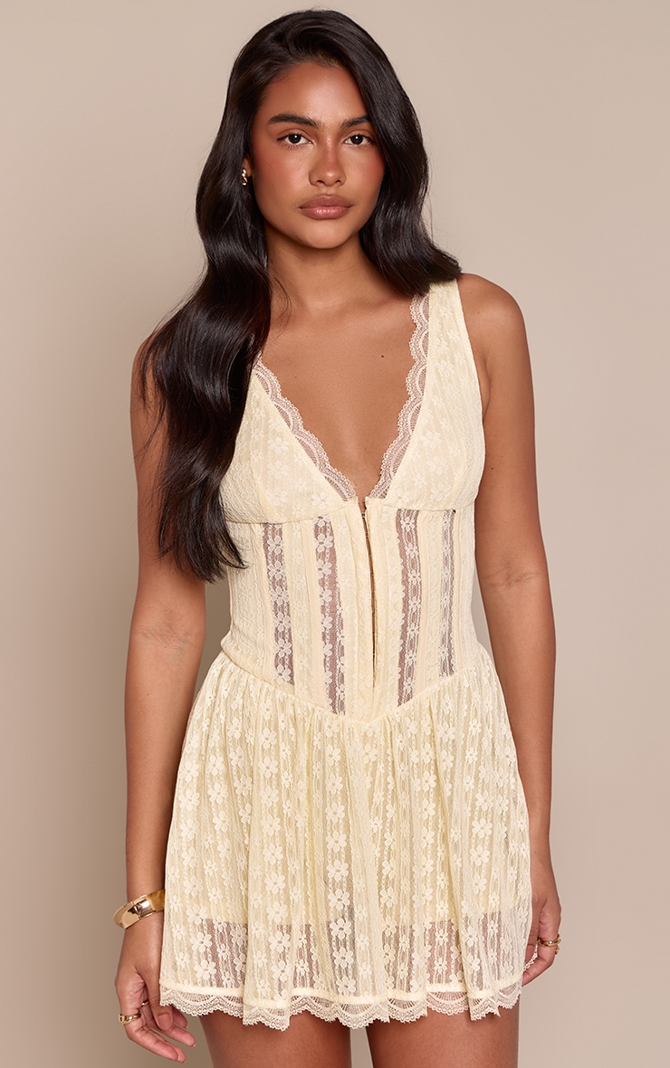 Lemon Textured Lace Corset Detail Floaty Romper