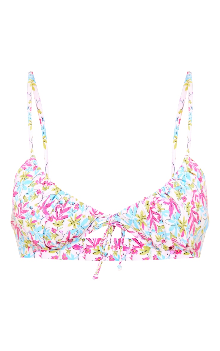 Blue Sketched Flower Print Underwired Ruched Bikini Top image 1