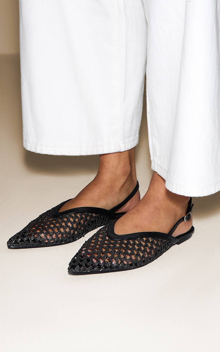 Black Pu Point Toe Woven Sling Back Flats image 1