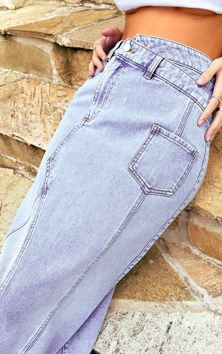 Blue Asymmetric Waistband Seam Detail Denim Maxi Skirt image 4