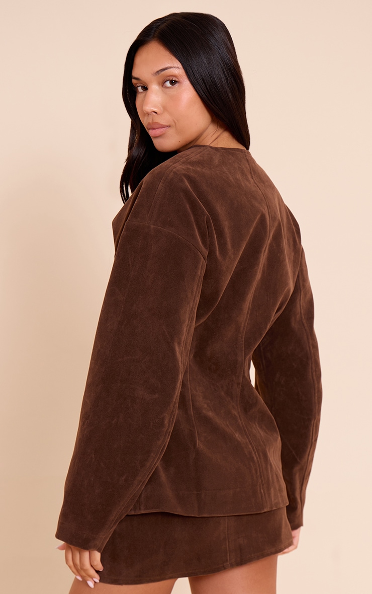 Dark Brown Suede Collarless Cocoon Sleeve Blazer image 2