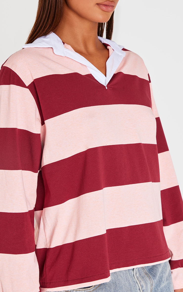 【BAON】Mahyu Stripe Collar Long Sleeve Tee Burgundy Striped Collar Detail Long Sleeve T Shirt | Tops