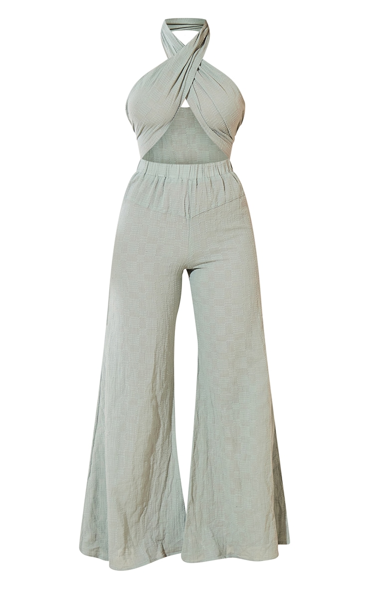 Dusty Turquoise Textured Linen Feel Halterneck Crop Beach  Set Trousers image 5