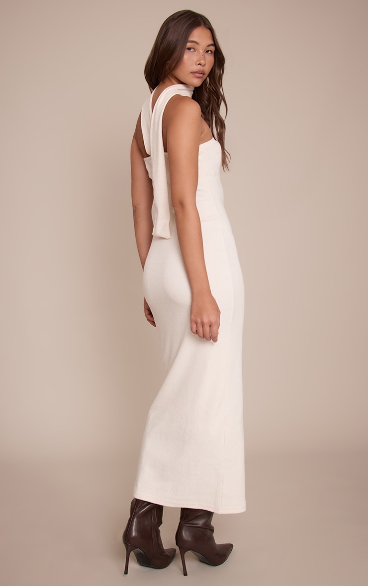 Cream Brushed Rib Scarf Detail Bandeau Maxi Dress image 2