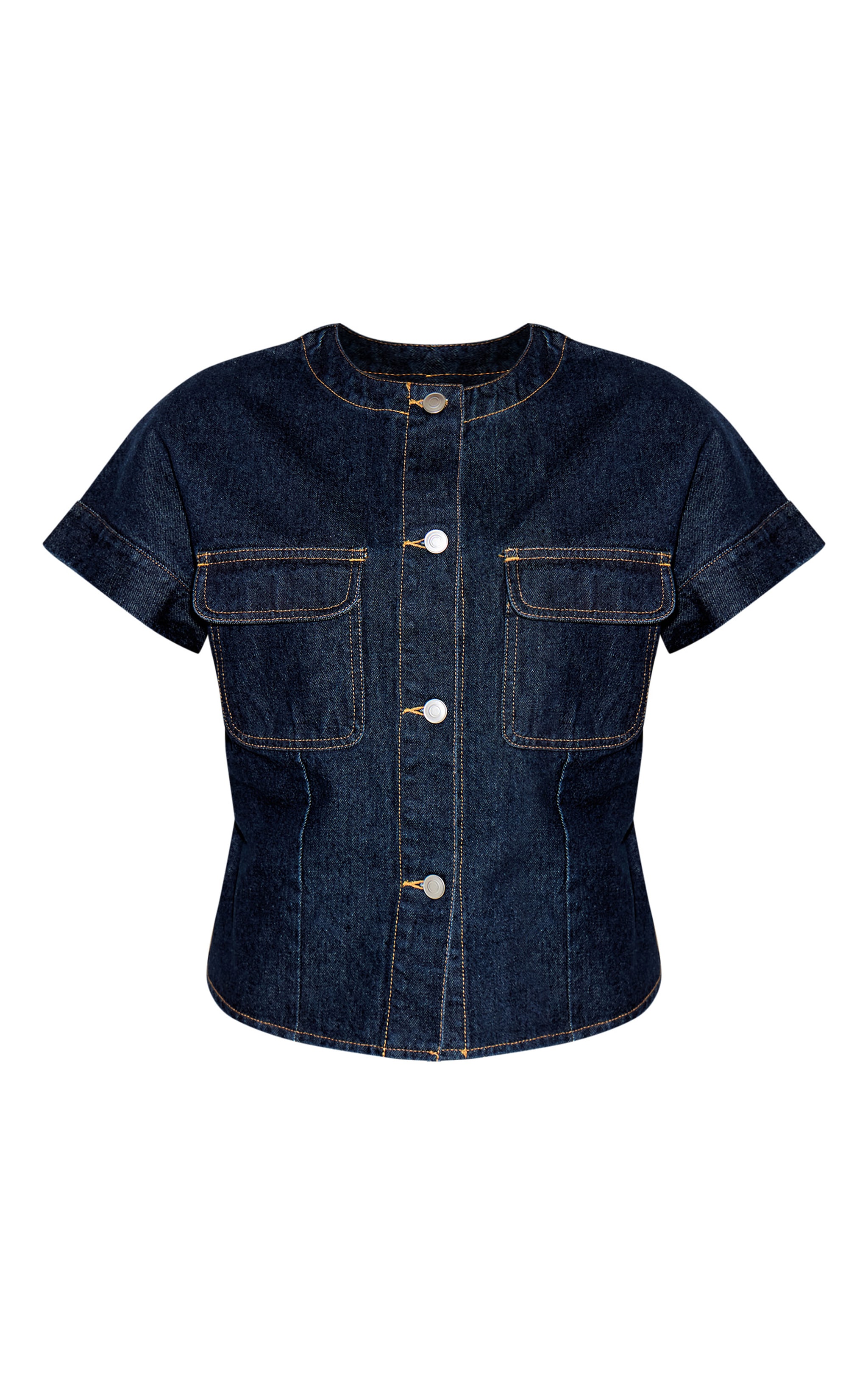 Indigo Round Neck Pocket Detail Cropped Denim Shirt image 5
