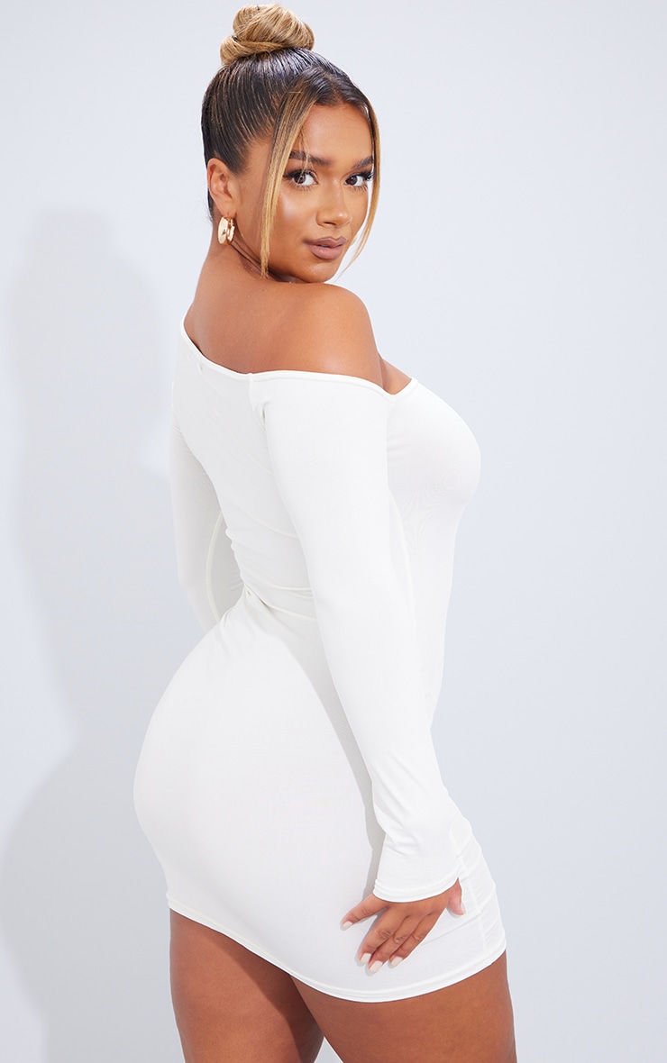 Shape White Slinky Asymmetric Long Sleeve Bodycon Dress image 2