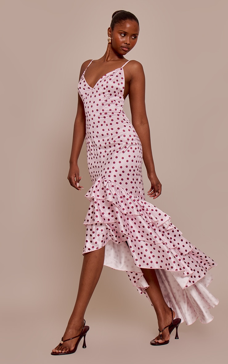 Pink Polka Dot Satin Plunge Extreme Frill Hem Maxi Dress image 3
