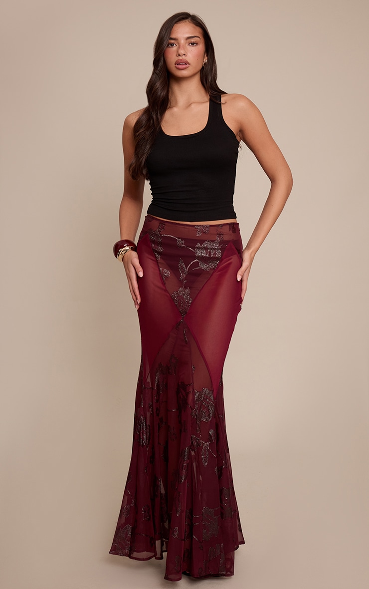 Plum Embroidered Sheer Godet Maxi Skirt image 1