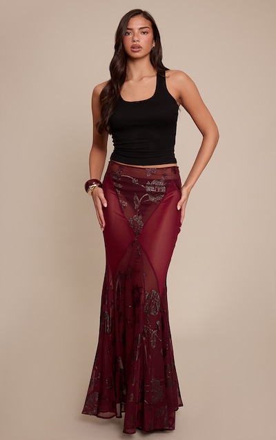 Plum Embroidered Sheer Godet Maxi Skirt