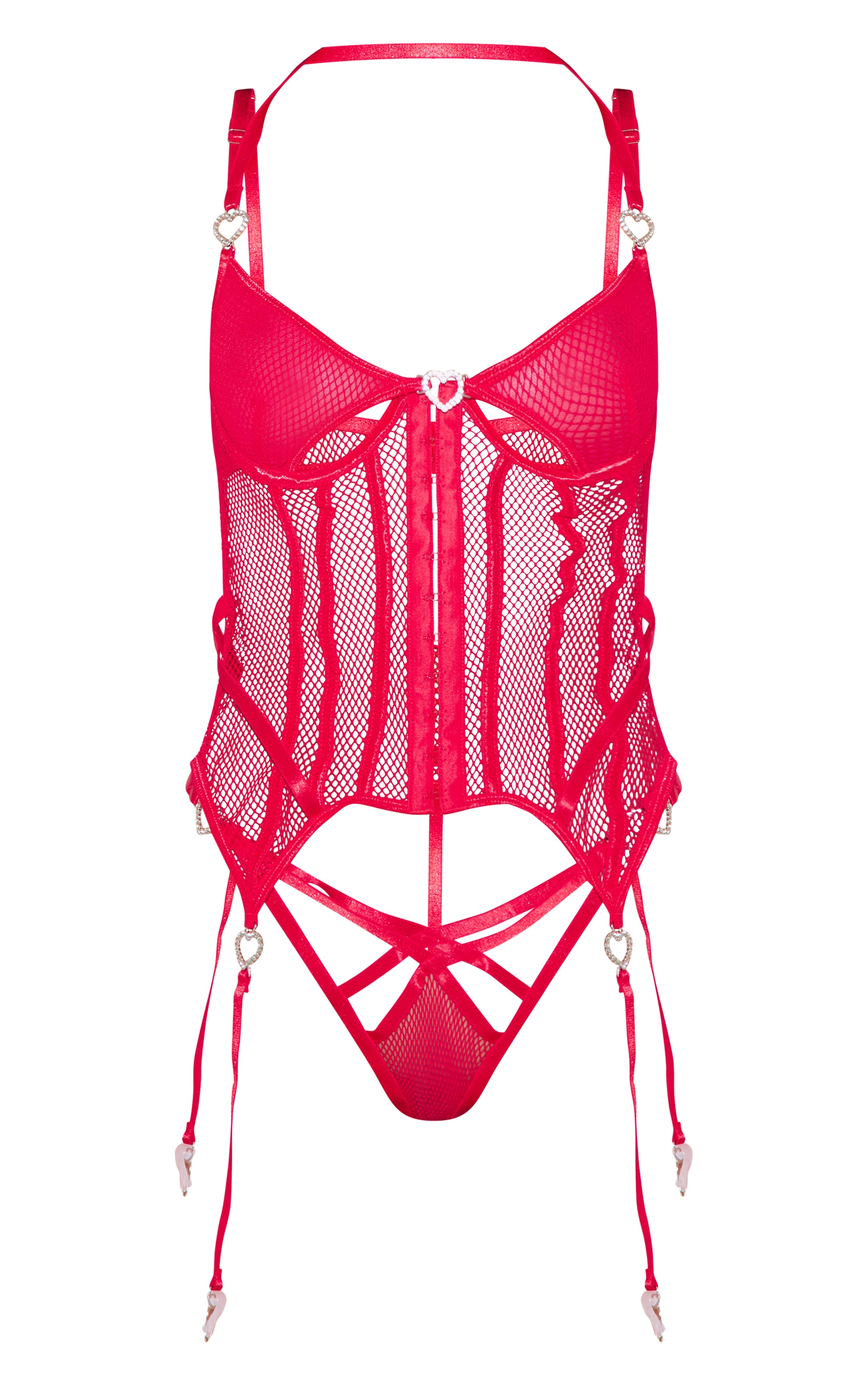 Red Fishnet Diamante Heart Corset Lingerie Set image 5