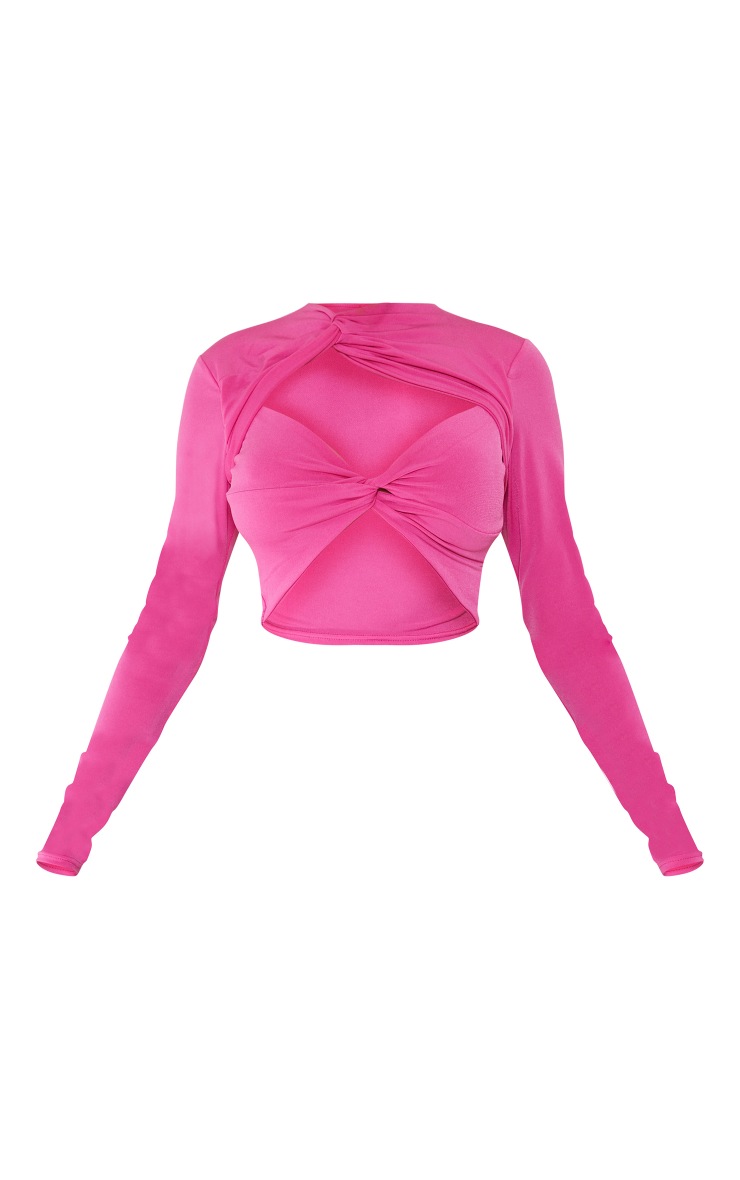 Bright Pink Slinky Knot Twist Front Long Sleeve Crop image 1