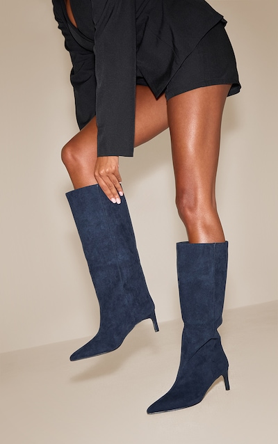 Bottes hautes en suédine bleu marine à talon kitten