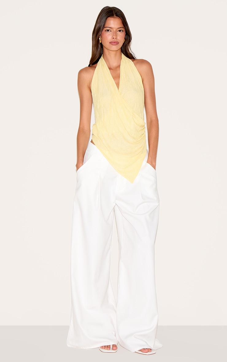 Butter Yellow Double Layer Crinkle Halter Neck Drapey Long