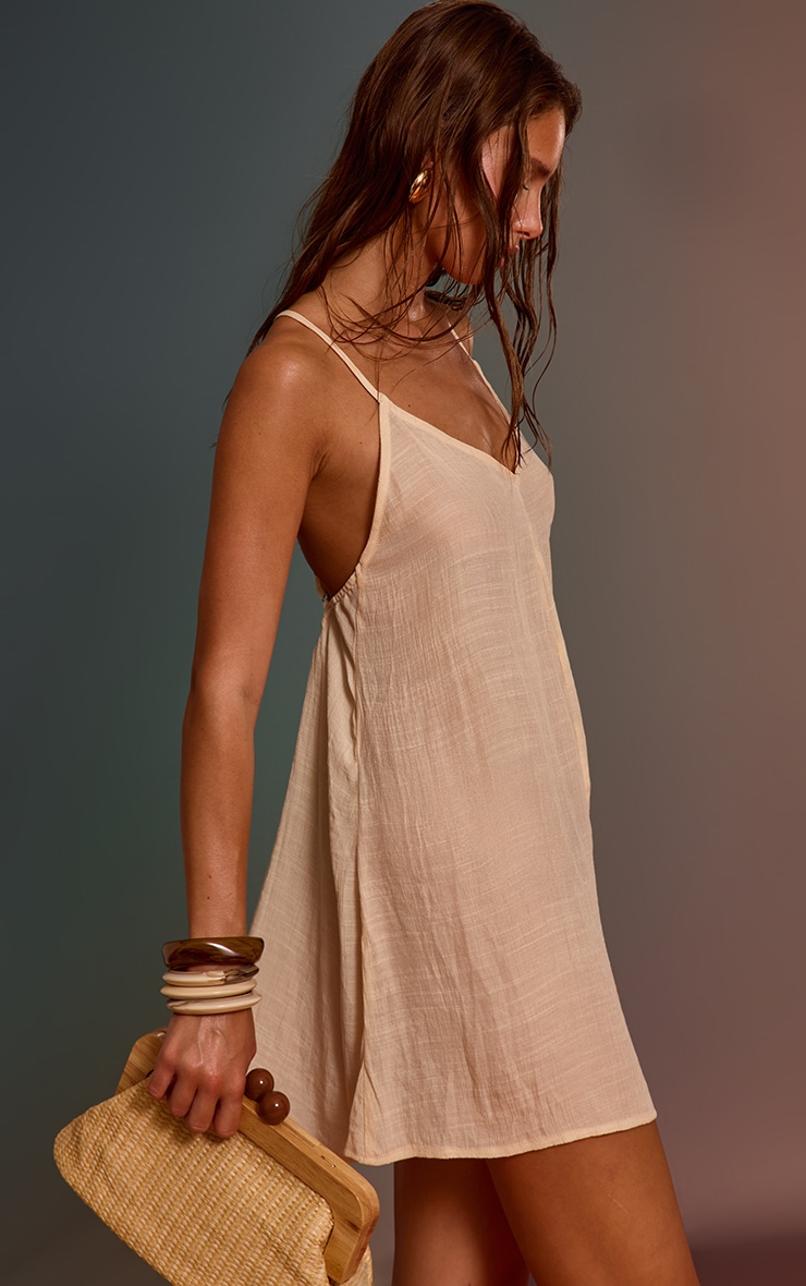 Cream Textured Cross Back Mini Beach Dress image 3
