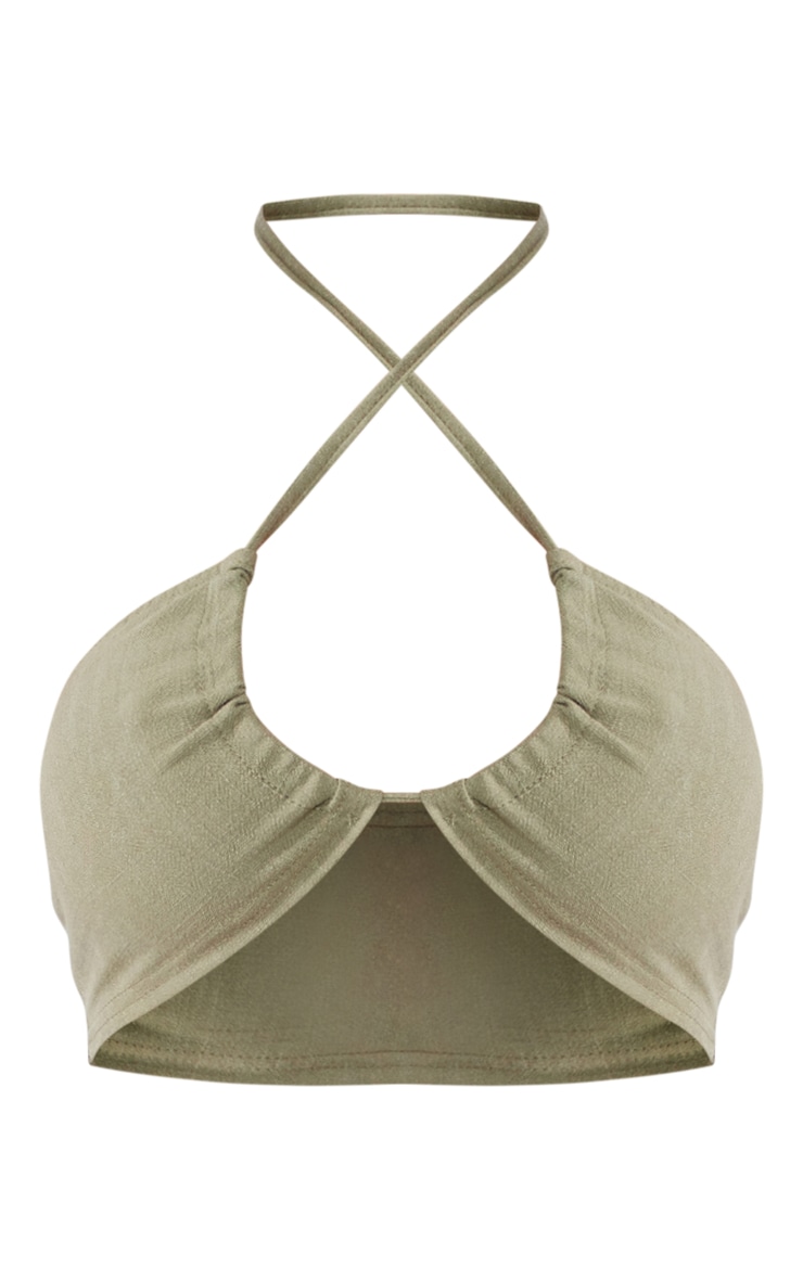 Khaki Linen Feel Tie Front Micro Crop Top PrettyLittleThing