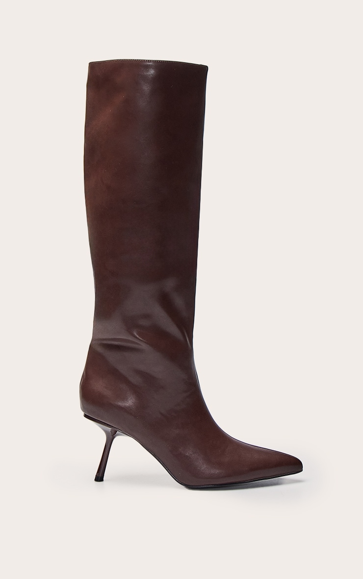 Chocolate PU Point Toe Stiletto Knee High Boots image 2