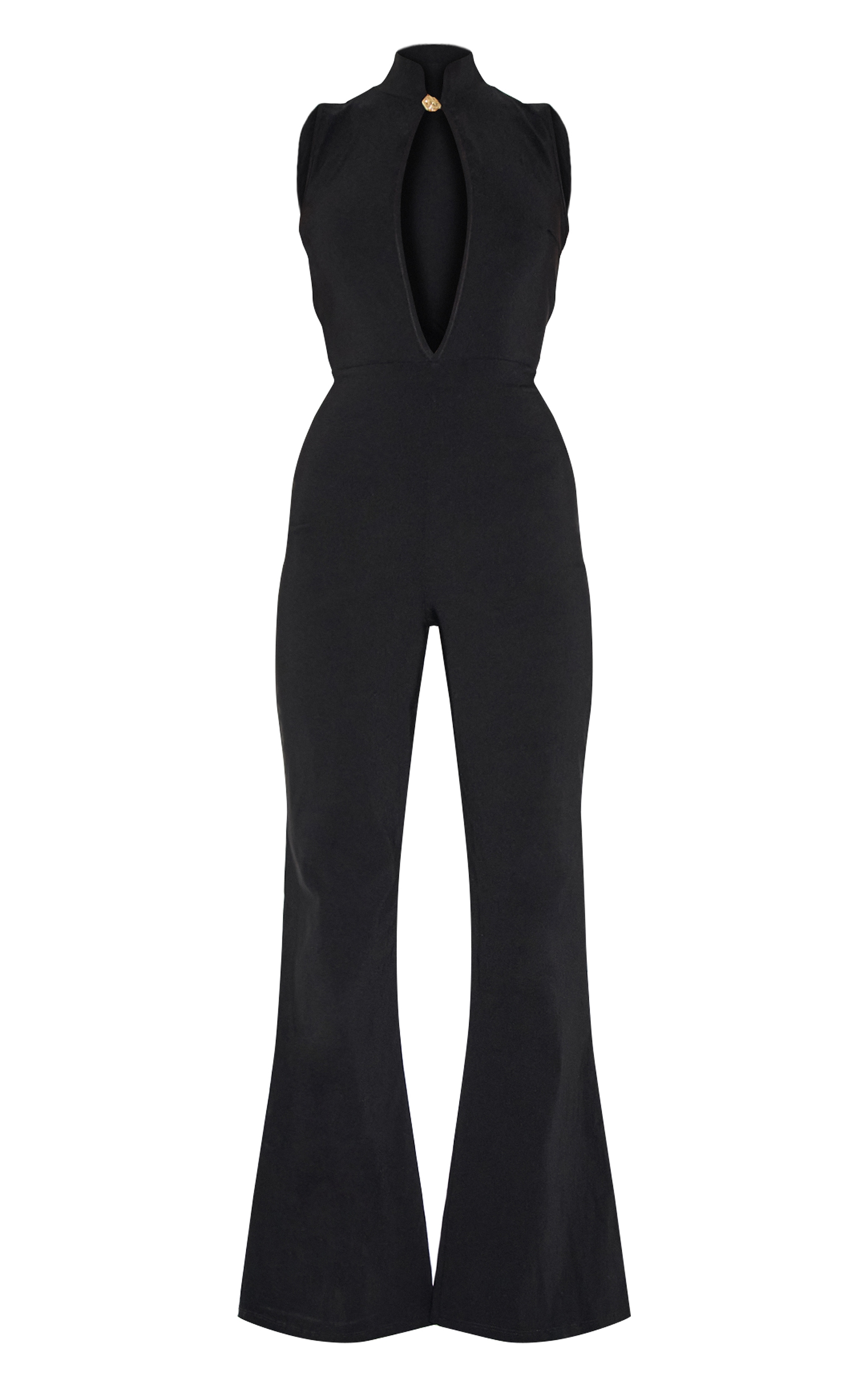Black Stretch Woven Collared Gold Trim Straight Leg Jumpsuit image 5