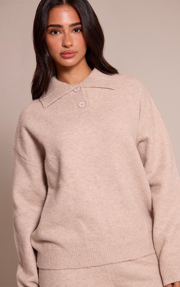 Petite Oatmeal Collared Button Up Knitted Sweater
