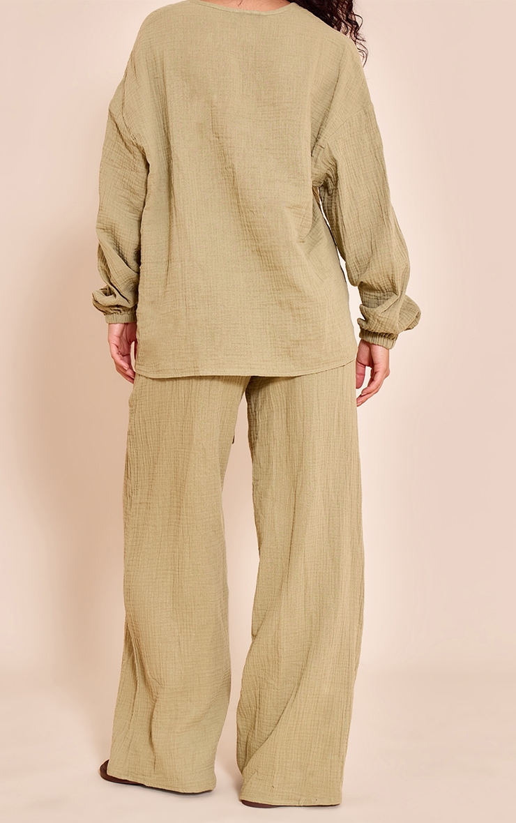 Khaki Cheesecloth Textured Wide Leg Pants image 3