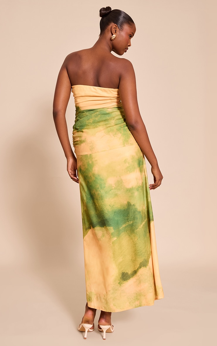 Green Abstract Printed Bandeau Ruched Detail Maxi Dress image 2