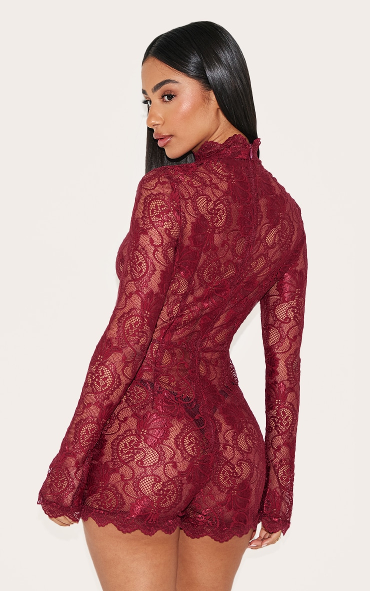 Petite Burgundy Lace Long Sleeve Fitted Playsuit image 2