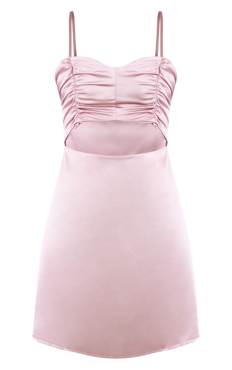 Mauve Satin Ruched Cut Out Strappy Bodycon Dress image 5