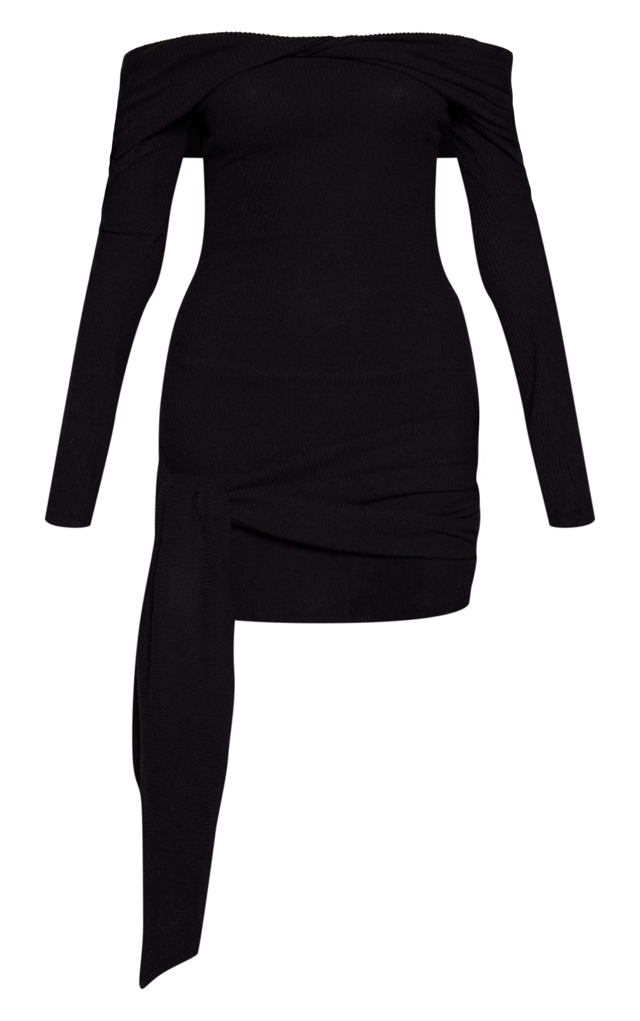 Black Ribbed Bardot Wrap Detail Bodycon Dress image 5