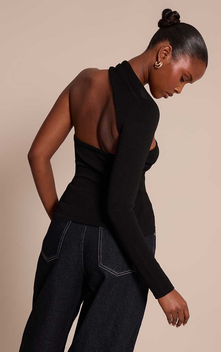 Top en maille tricot noire à épaule unique et empiècement image 2