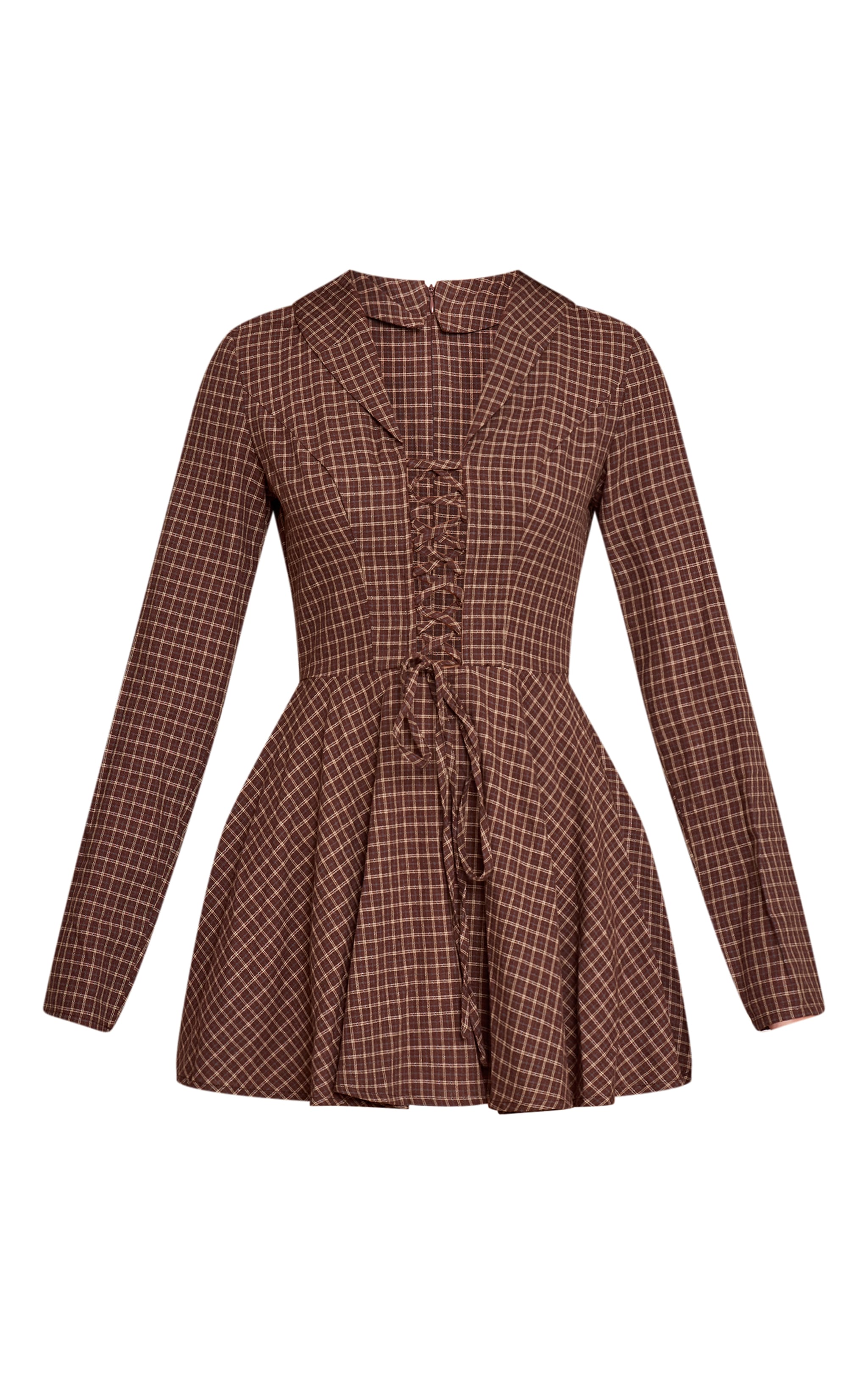 Brown Check Lace Up Long Sleeve Shift Dress image 5