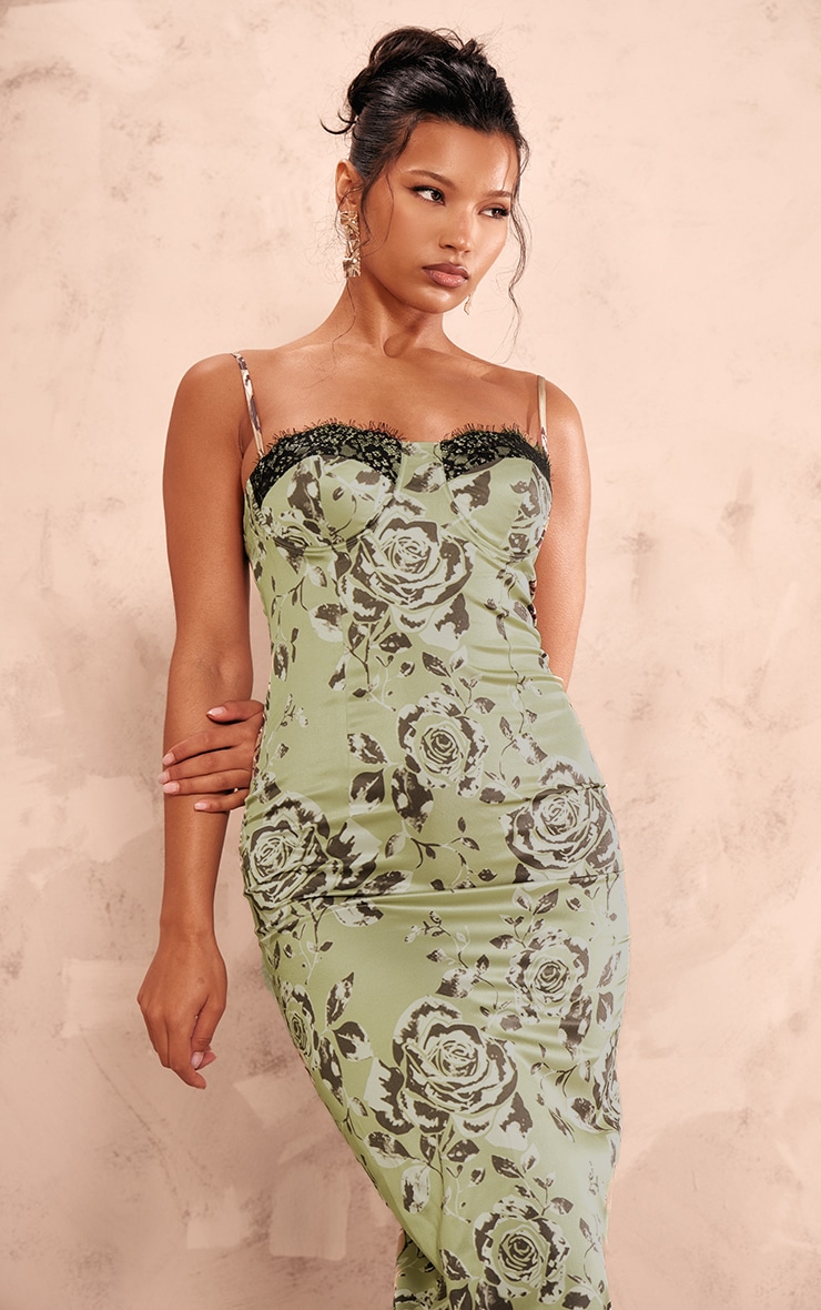 Green Satin Print Lace Trim Maxi Dress image 4