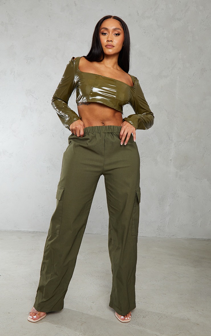 Shape Khaki Vinyl Cut Out Long Sleeve Crop Top PrettyLittleThing AUS