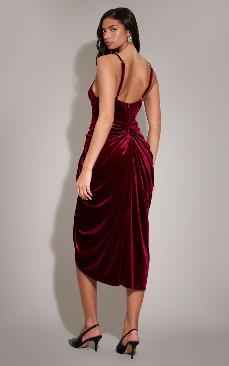 Burgundy Velvet Underwired Strappy Draped Midi Dress image 2