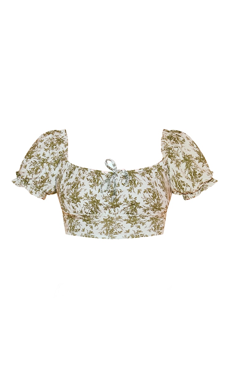 Sage Green Floral Printed Jersey Puff Sleeve Frill Edge Crop Top image 2