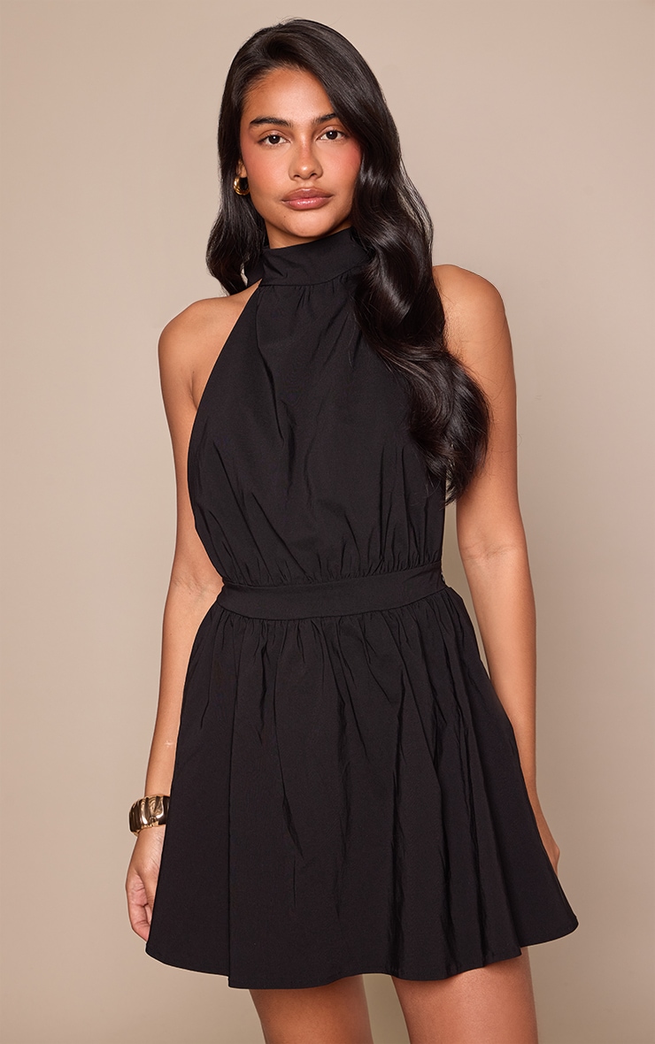 Black Stretch Woven Halterneck Backless Shift Dress