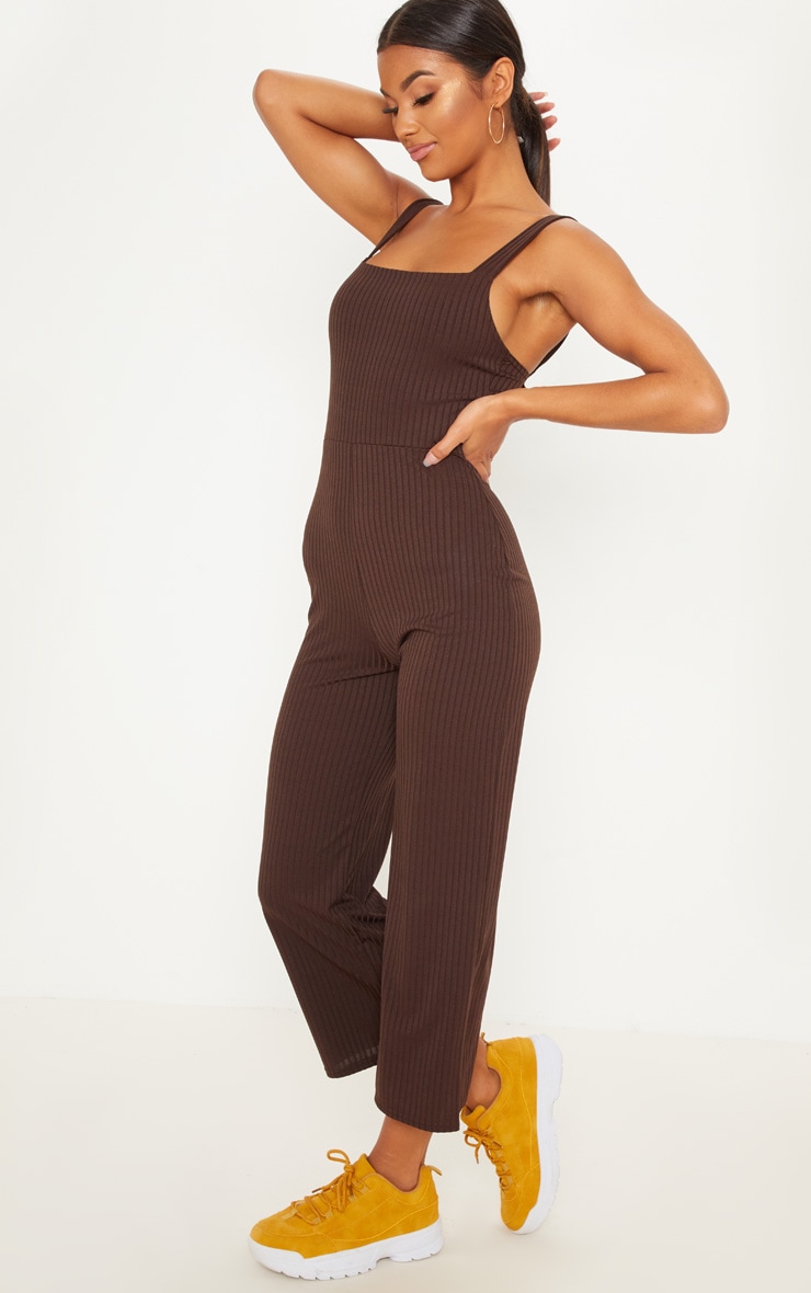 Chocolate Brown Ribbed Wide Leg Jumpsuit PrettyLittleThing UAE