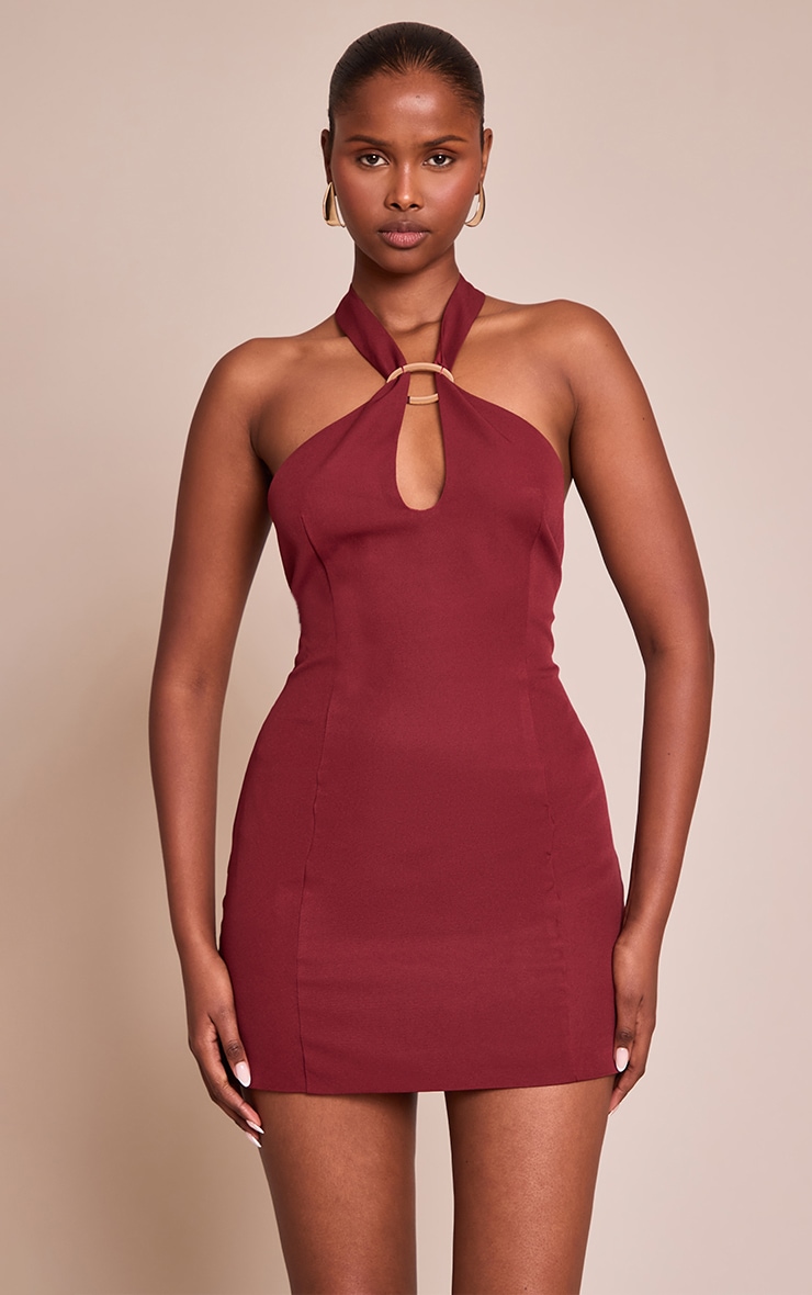 Burgundy Woven Trim Detail Mini Dress image 1
