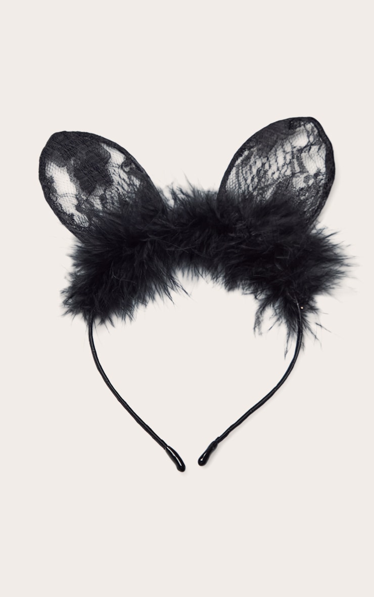 Black Lace Feather Trim Cat Ear Headband image 2
