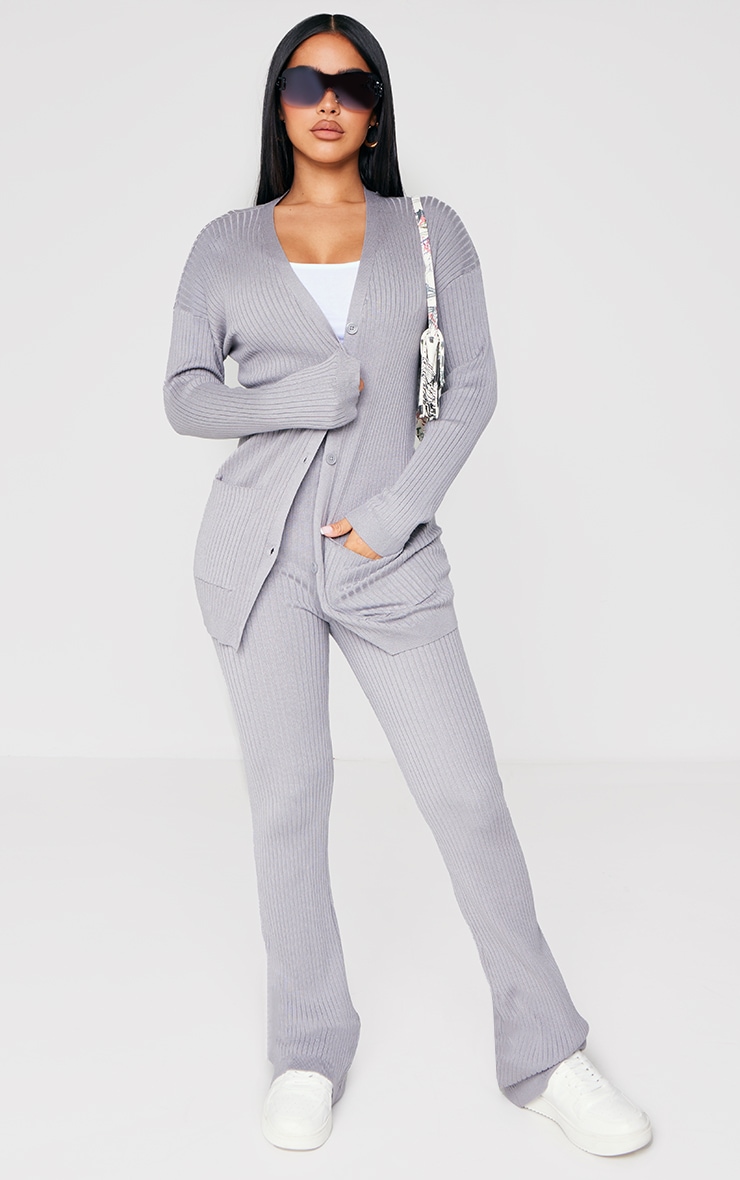 Petite Grey Rib Flared Pants image 1