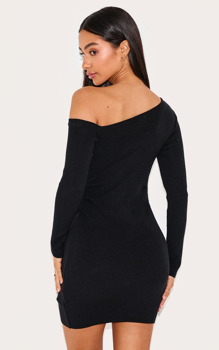 Petite Mini robe côtelée noire à épaules asymétriques image 2