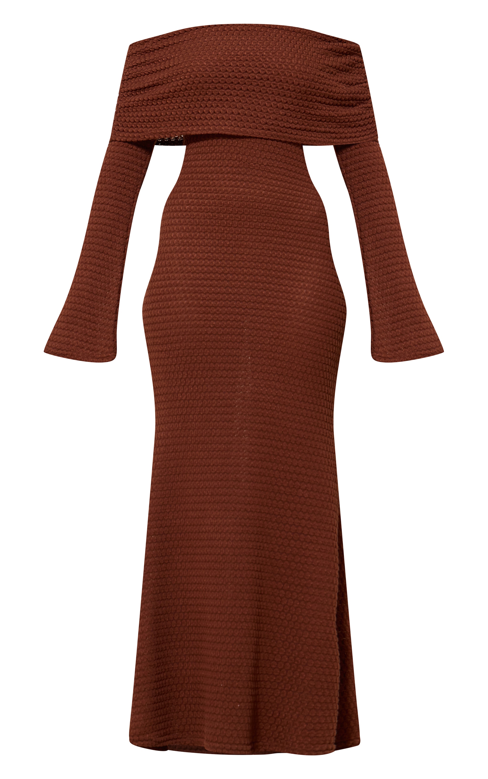 Robe longue texturée chocolat à col bardot et manches longues image 5