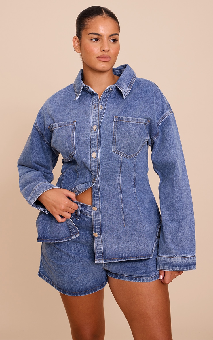 Plus Mid Blue Wash Mid Rise Denim Hotpants image 1