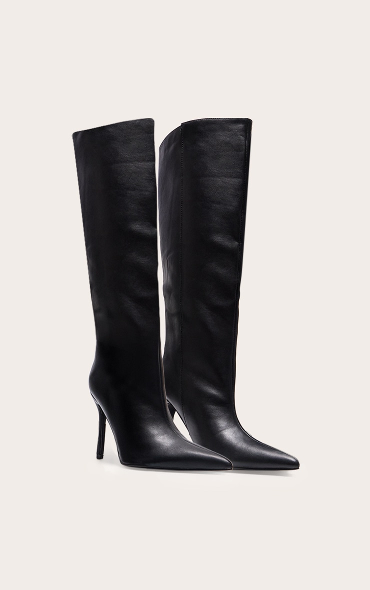 Black PU Point Toe Stiletto Knee High Heeled Boots image 3