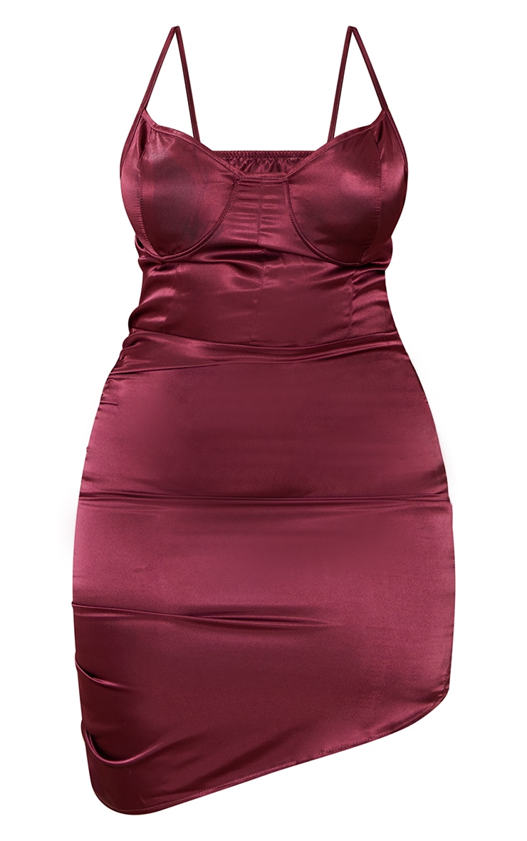 Shape Burgundy Satin Cup Detail Ruched Side Bodycon Dress image 5