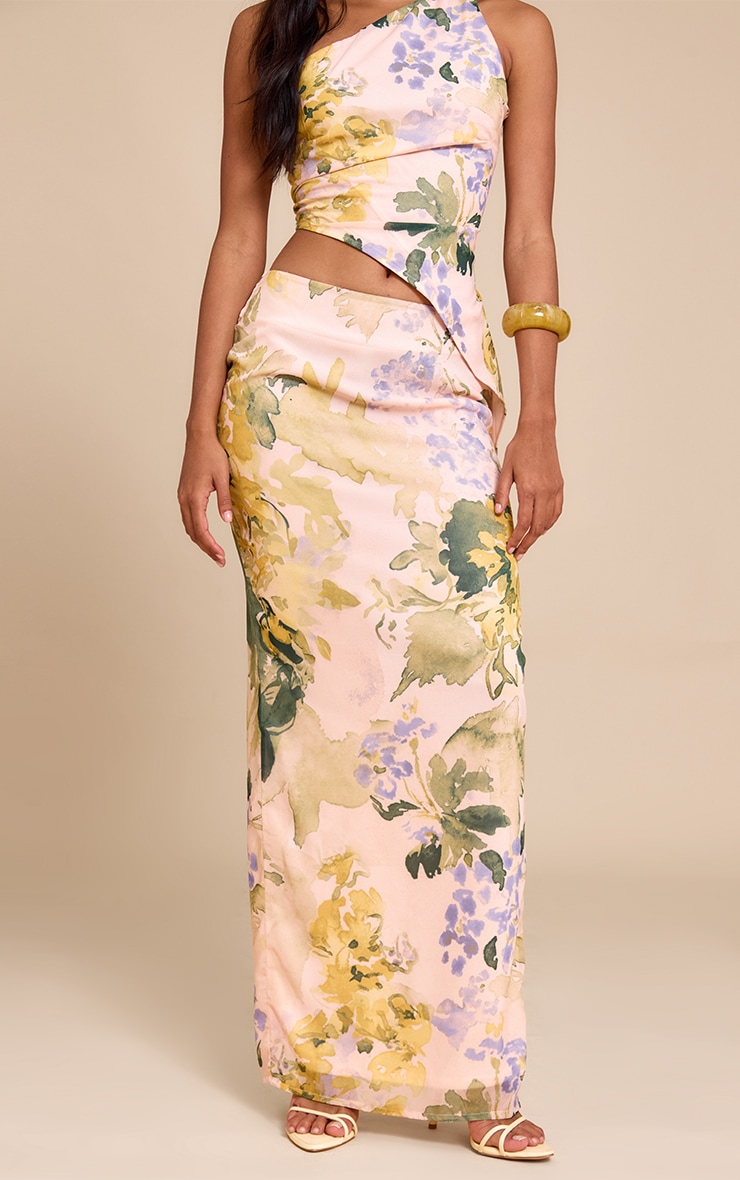Nude Floral Print Chiffon Maxi Skirt image 2